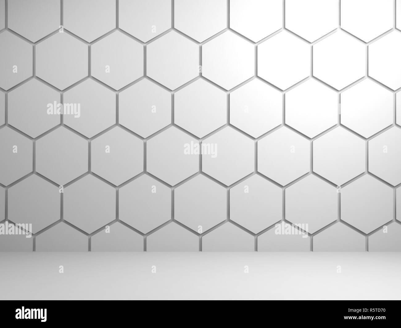 Abstract white interior background with hexagonal pattern on front wall ...