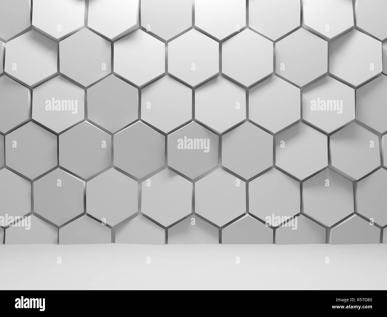 Abstract white interior background with hexagons installation on front ...