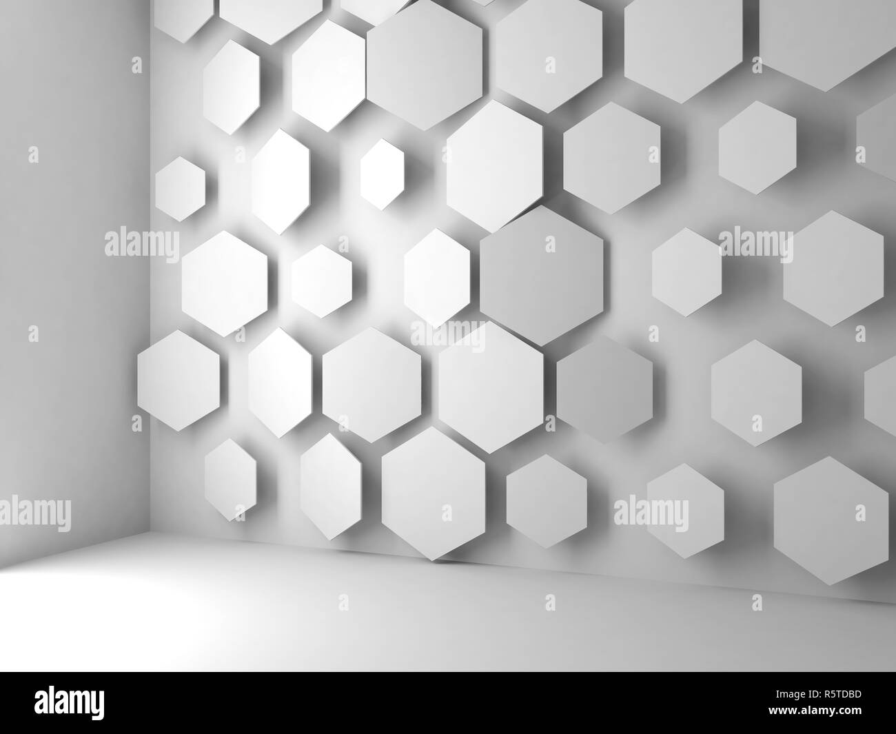 Abstract blank white interior background with hexagonal installation on ...