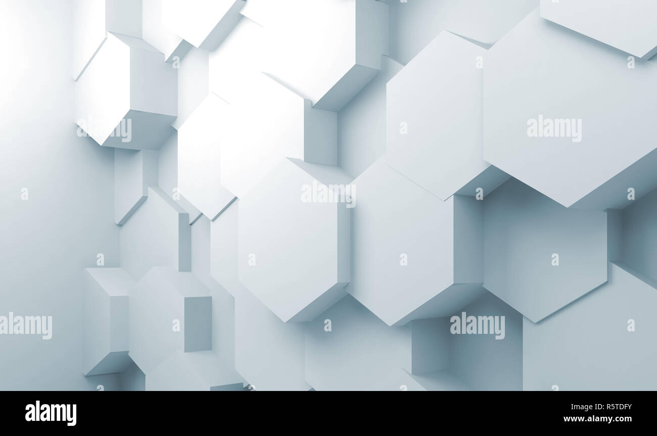 Abstract interior background with extruded hexagons pattern on wall, 3d ...