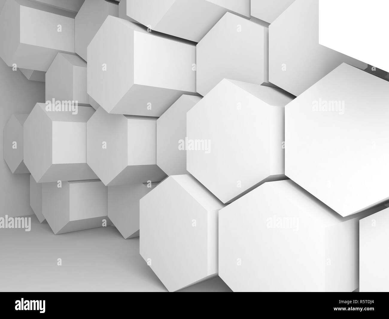 Abstract blank white interior background with hexagons installation on ...