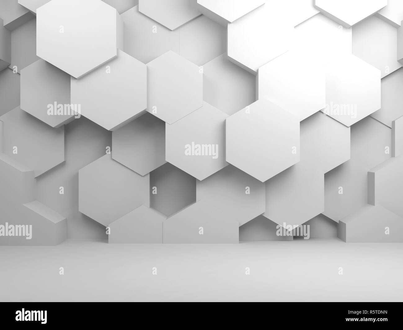 Abstract blank white interior background with hexagon pattern on front ...