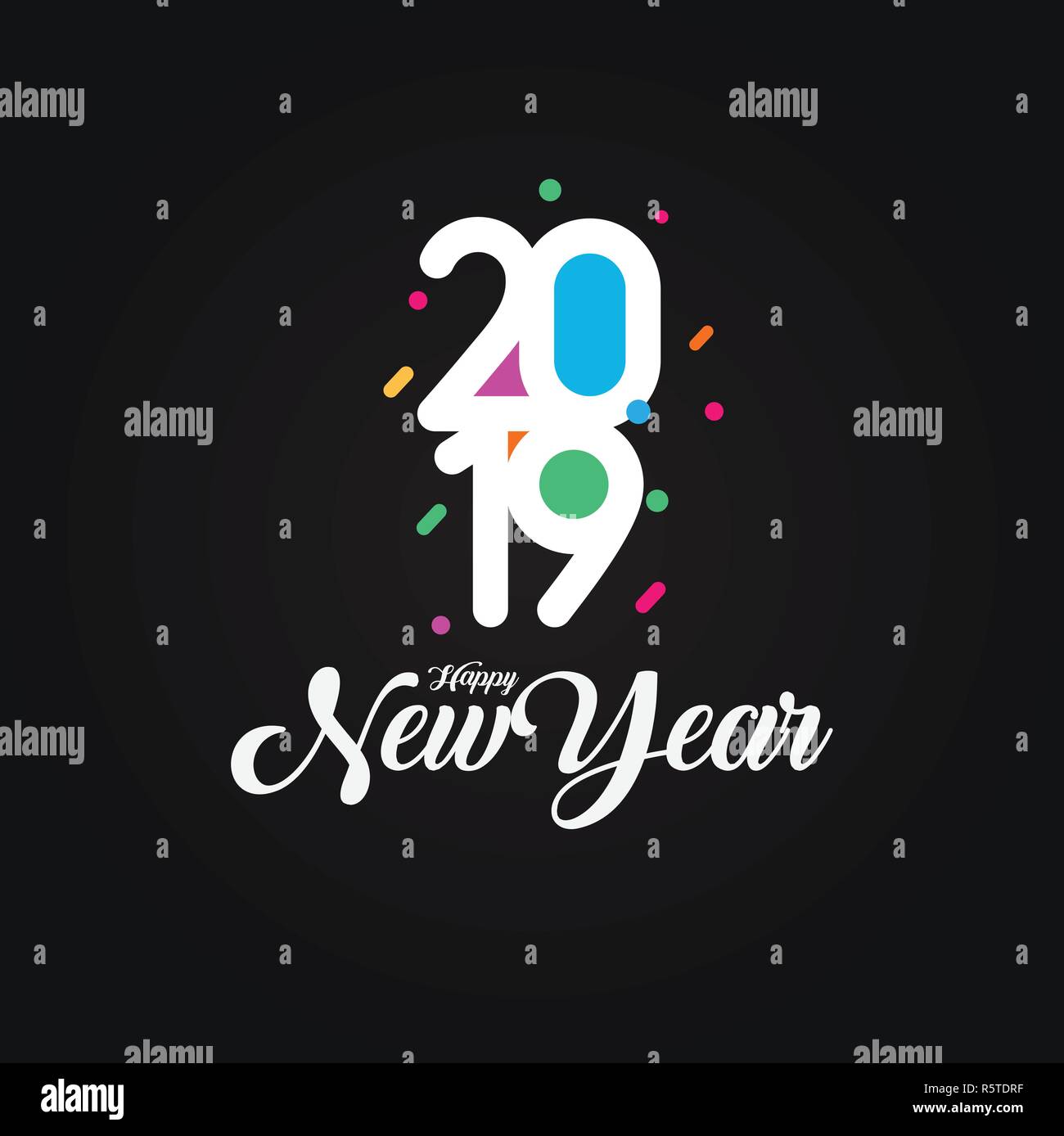 Creative Colorful Happy New Year 2019 design card on black background. Vector illustration. Stock Vector