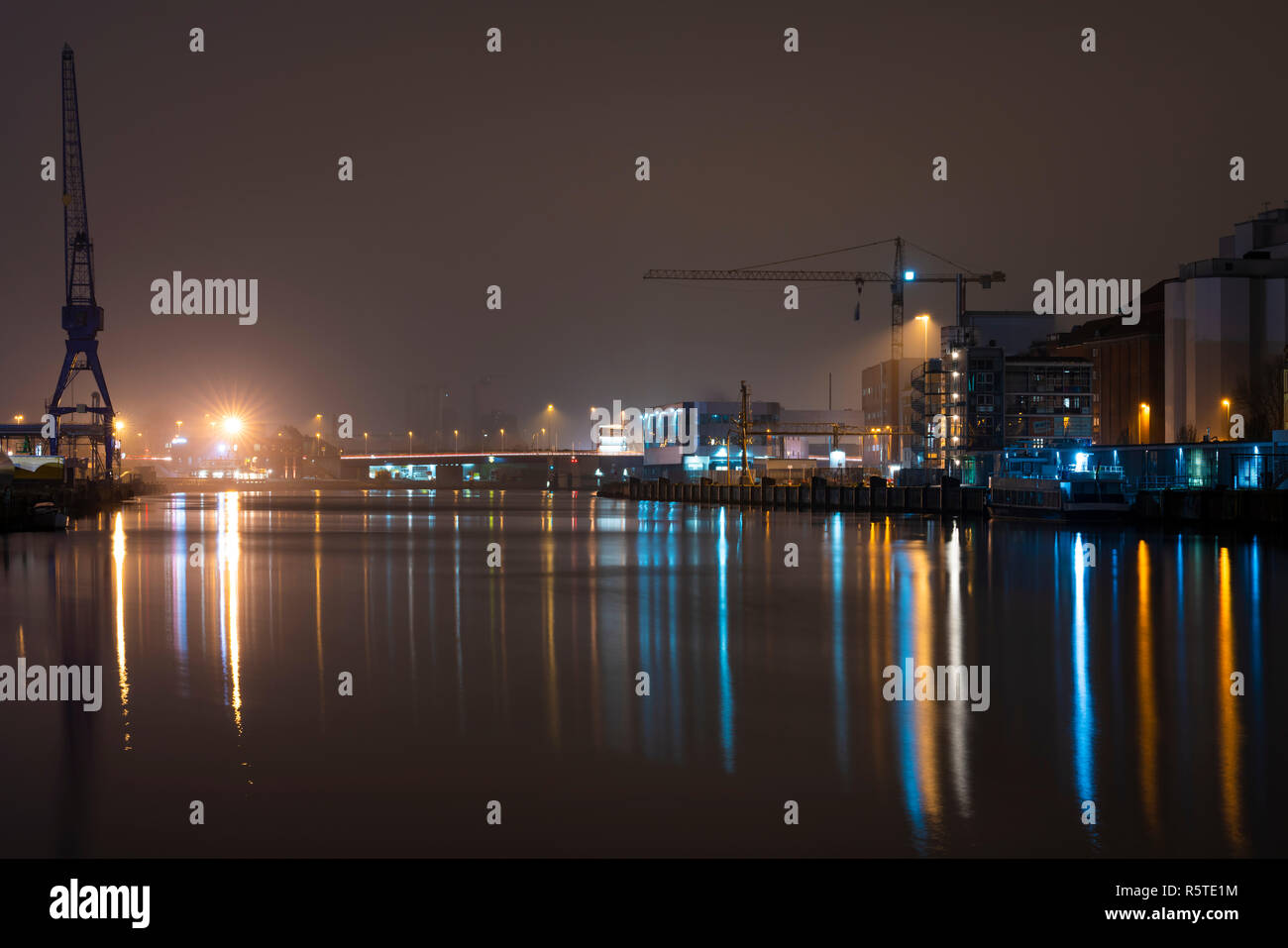 Lübeck harbor during at night. Stock Photo