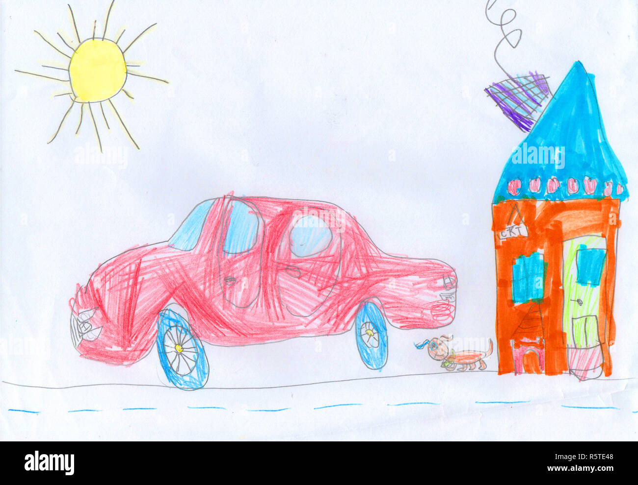 Red car, house and sun, child's painting Stock Photo