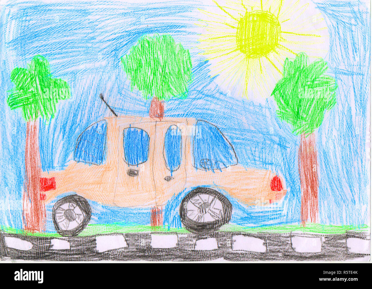 Pink car on the road, trees, child's drawing Stock Photo