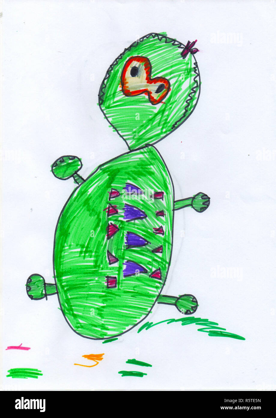 Green crocodile with red eyes, child's painting Stock Photo