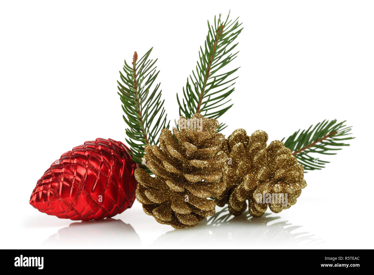 Pine cones and spruce branches. Christmas ornaments isolated on white ...