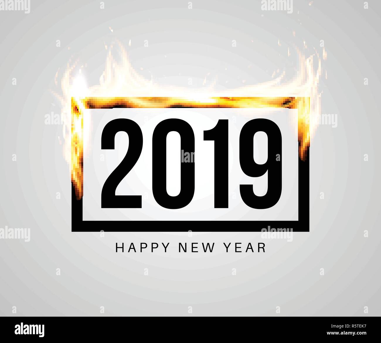 Burning black frame with 2019 inside. Congratulatory banner or greeting card template for New Year party. Vector illustration. Stock Vector