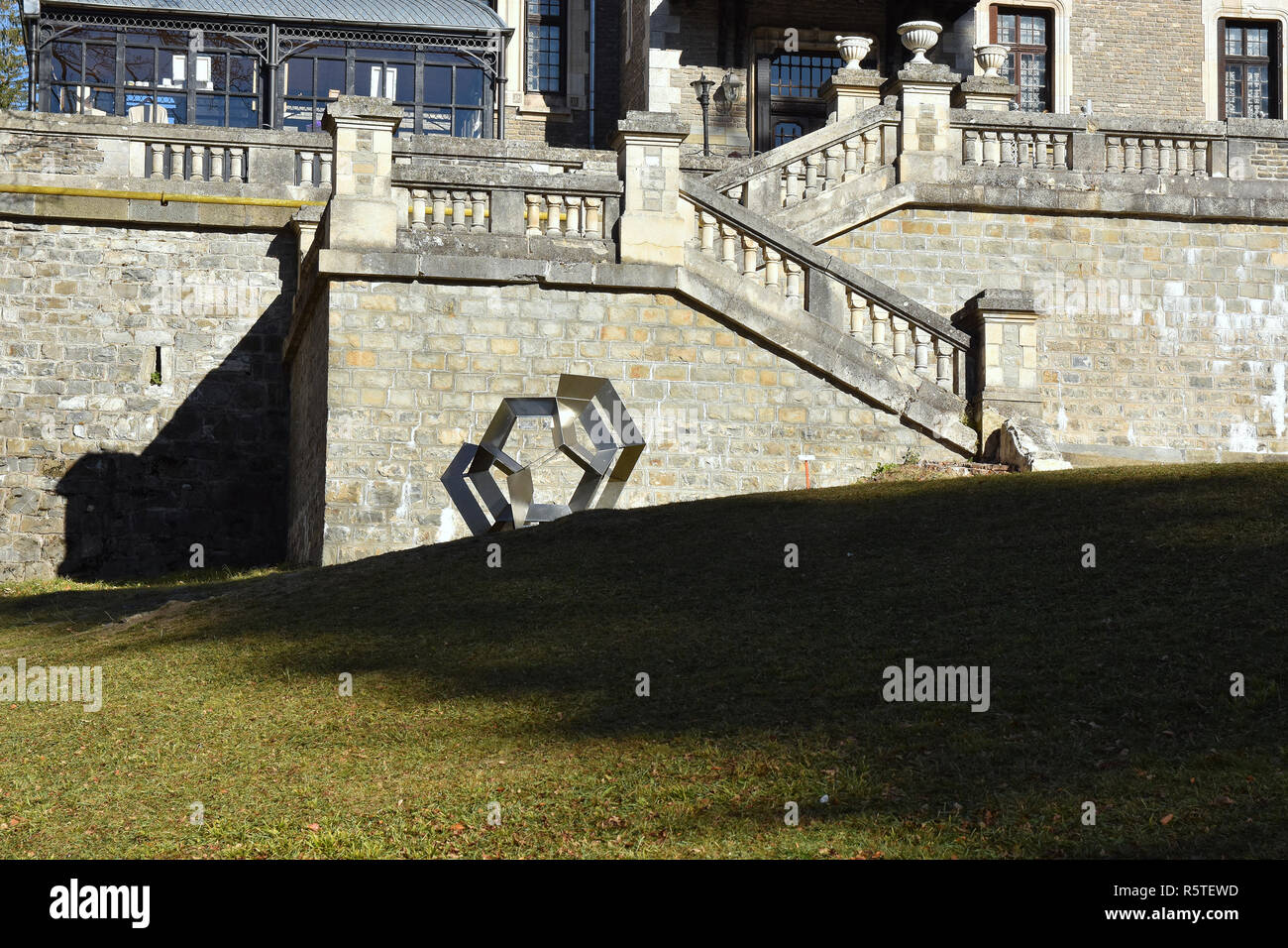 '100 de ani România. 100 de sculpturi. 100 de zile'sculpture exhibition in the park of Cantacuzino Palace , Busteni , Prahova Valley, Romania. Stock Photo