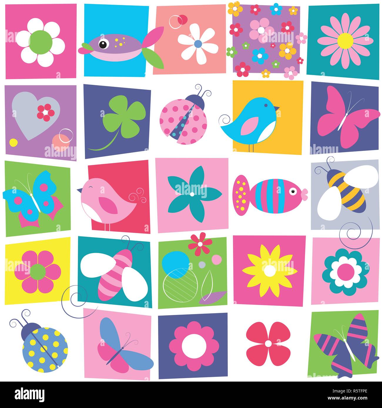 Birds bees ladybugs butterflies fish and flowers collection pattern on colorful rectangular background Stock Vector