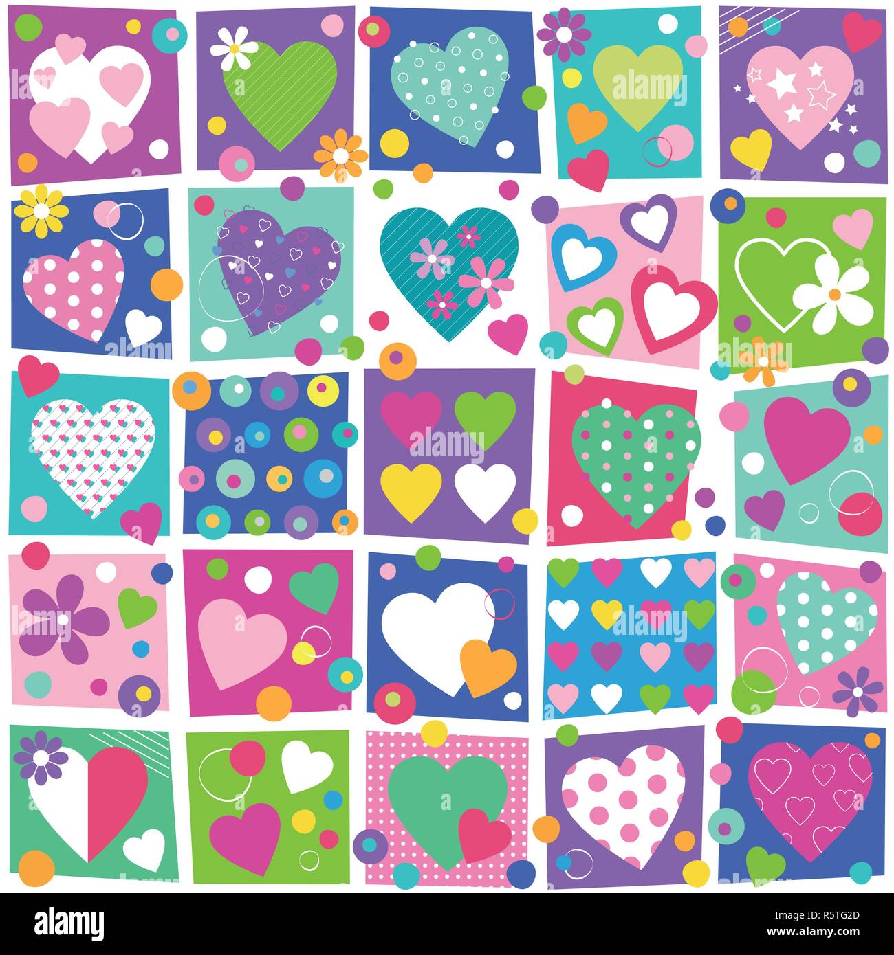 Cute hearts flowers and dots illustration set on colorful rectangular ...