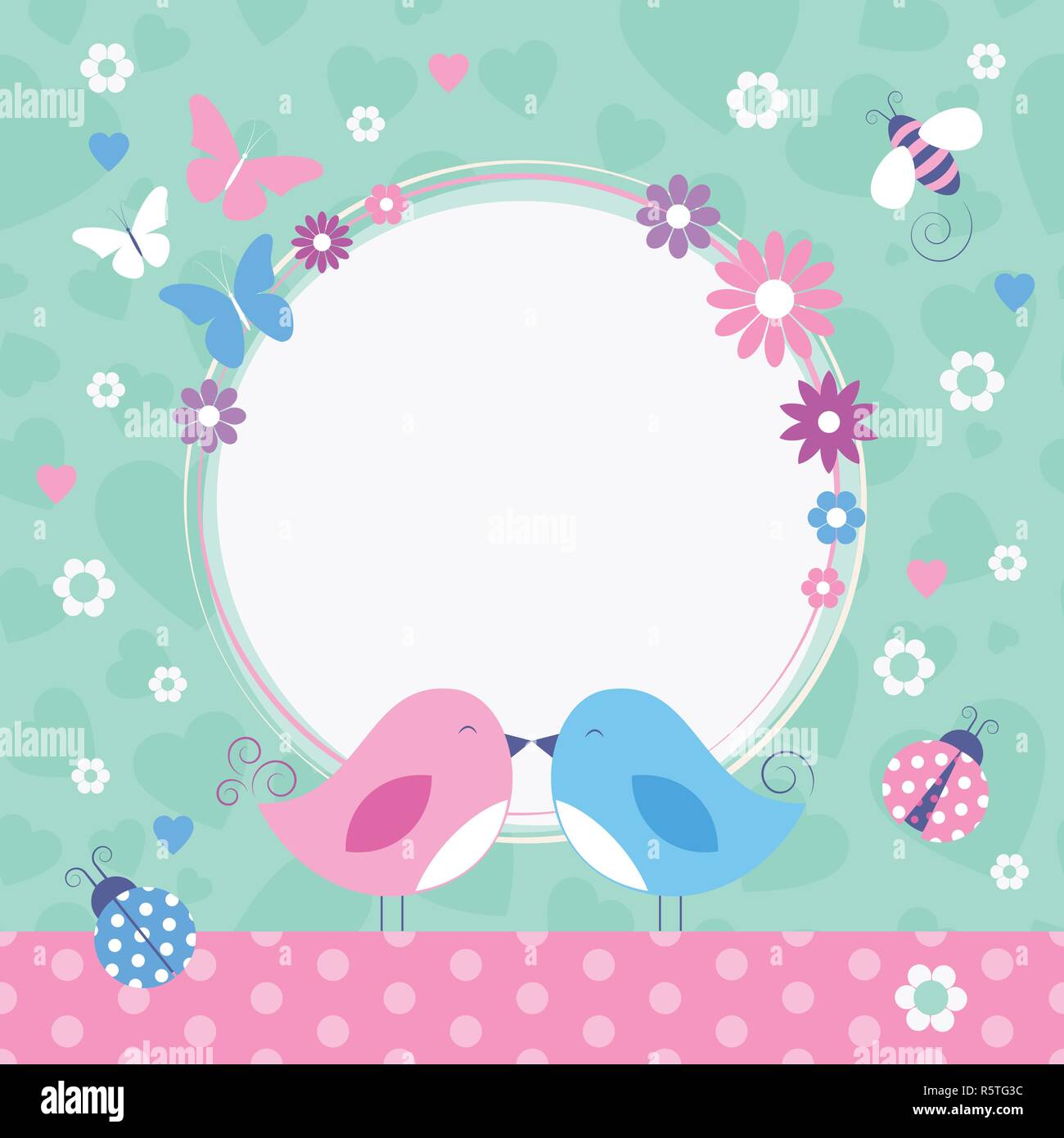 Flowery love birds border with bumble bee, ladybugs and butterflies on green and pink heart shape and polka dot pattern background Stock Vector