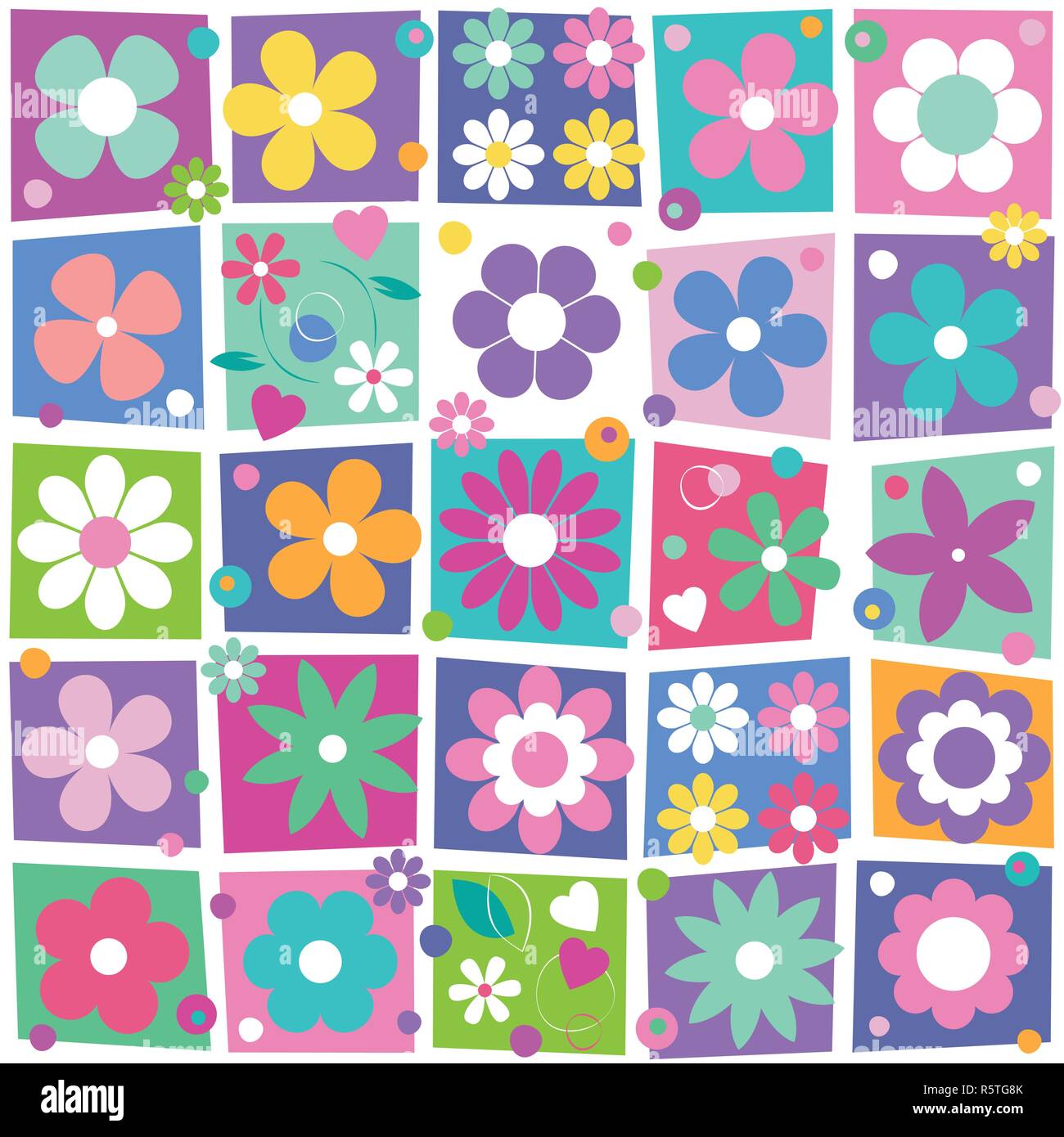 cute flowers hearts and dots illustration set on colorful rectangular ...