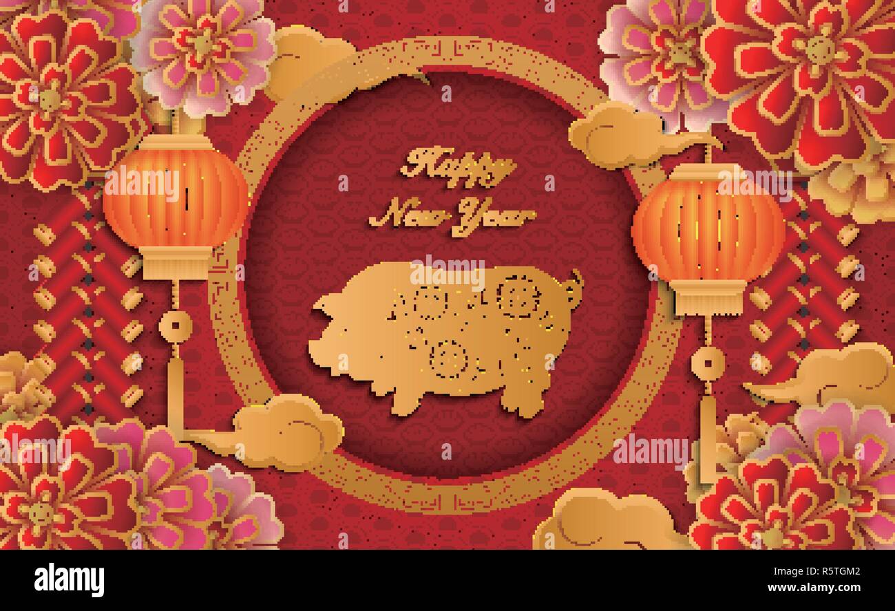 Happy Chinese new year retro gold relief flower lantern pig cloud ...