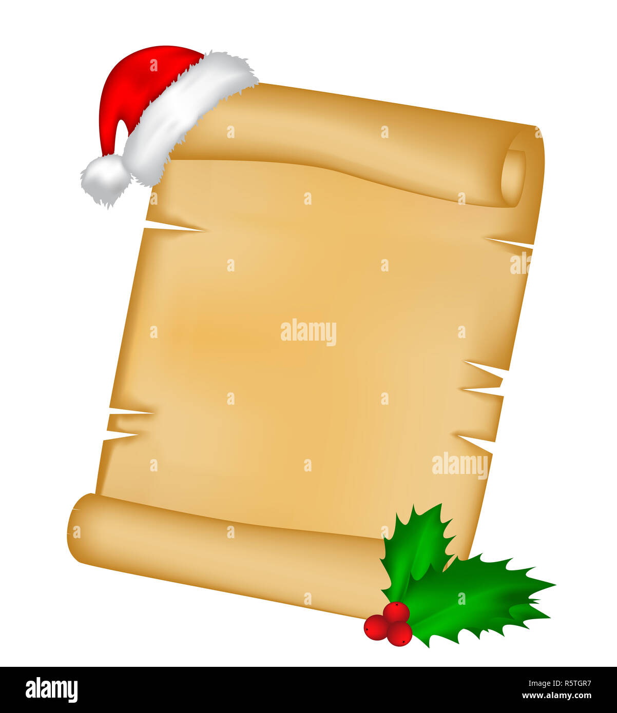 Christmas paper scroll card with santa cap,hat and holly berry. vector ...