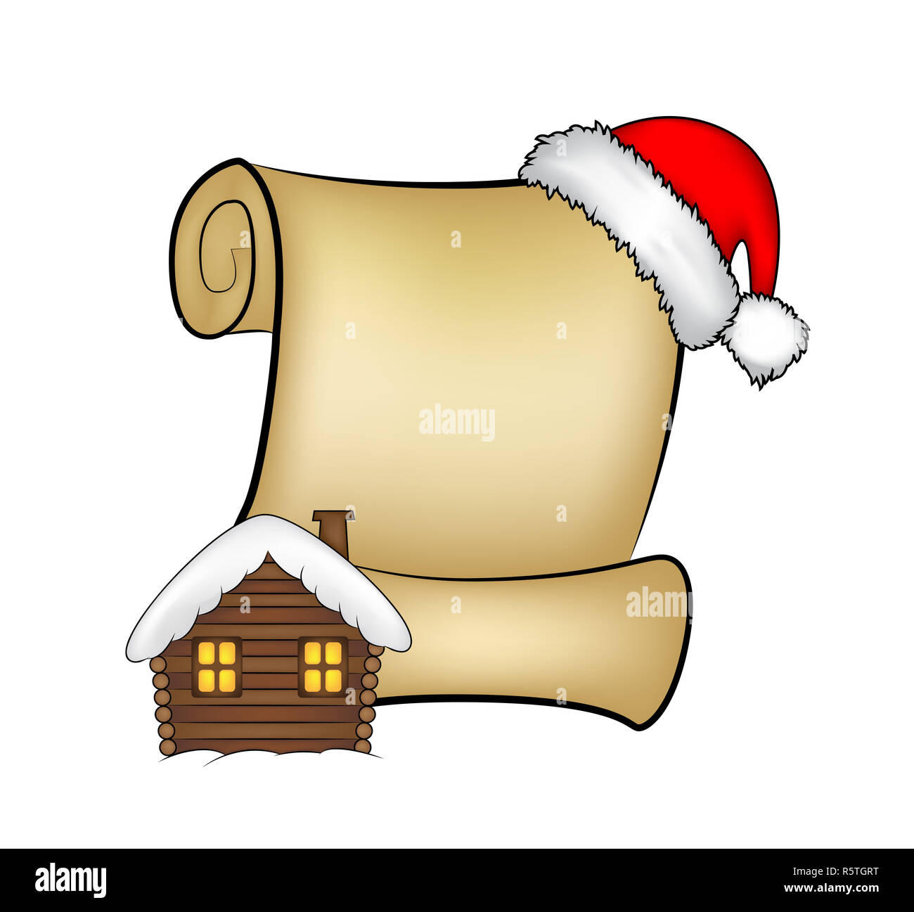 Christmas paper scroll card with santa cap,hat and snowy house. vector ...