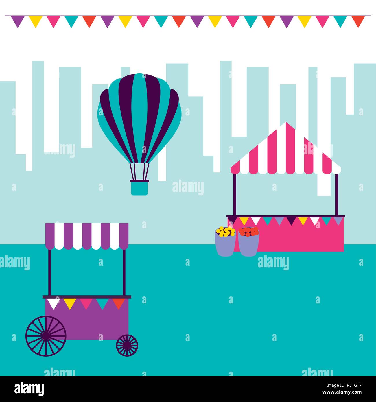 circus and fair city park hot air balloon booth vector illustration ...
