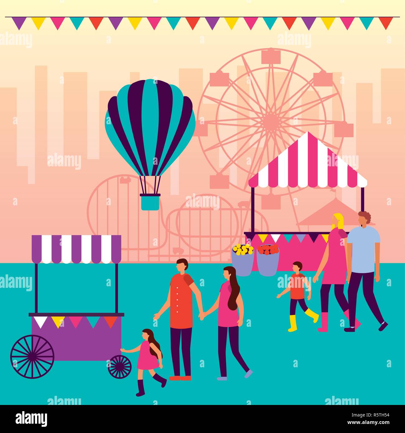 circus fair hot air balloon booths ferris wheel vector illustration ...