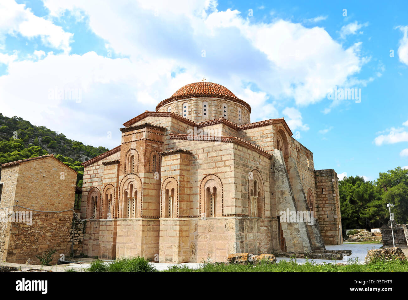 the old Daphni monastery in Athens Greece - religious greek landmarks Stock Photo