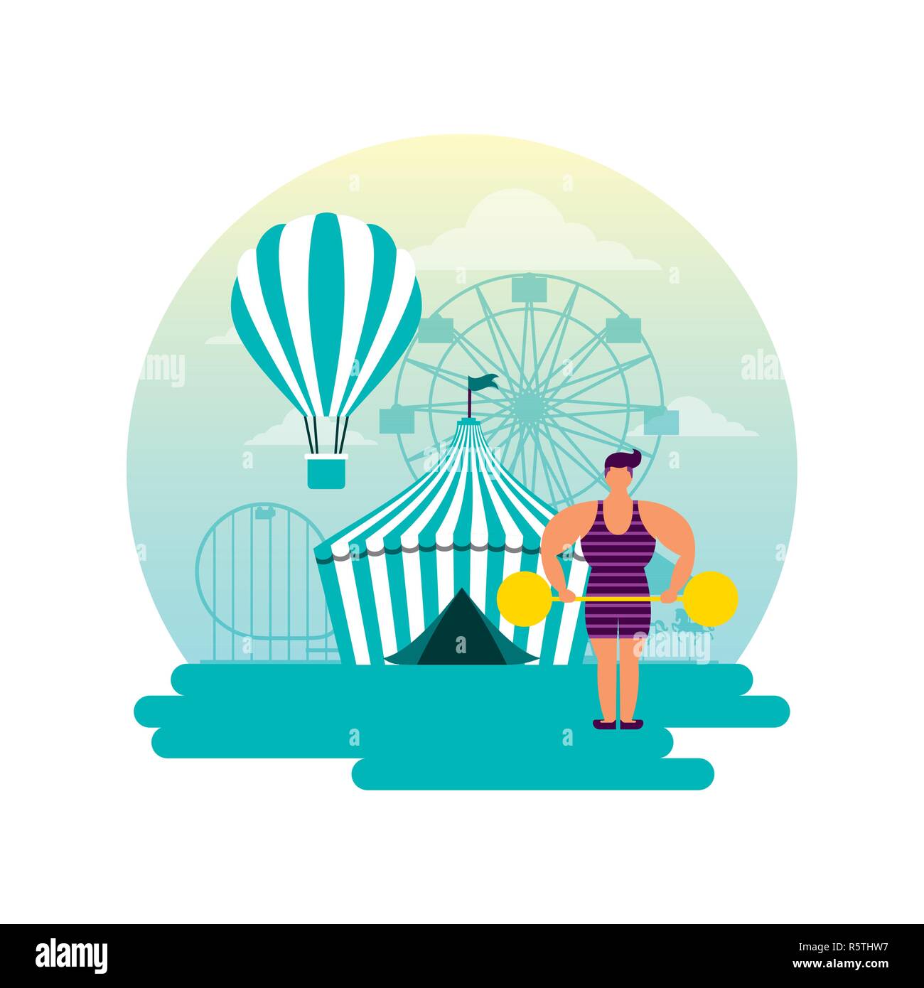 circus fun sticker tent hot air balloon strong man vector illustration ...