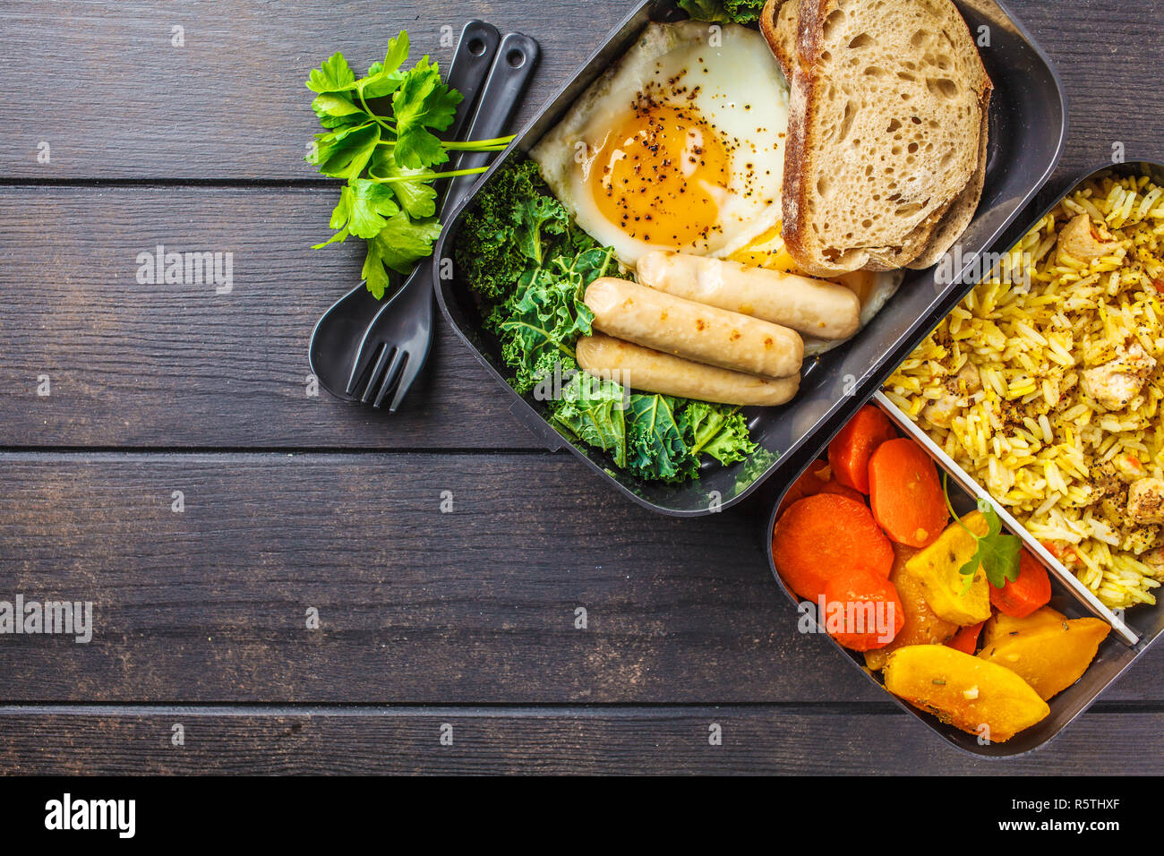 https://c8.alamy.com/comp/R5THXF/meal-prep-containers-with-rice-with-chicken-baked-vegetables-eggs-sausages-and-salad-for-breakfast-and-lunch-overhead-shot-R5THXF.jpg