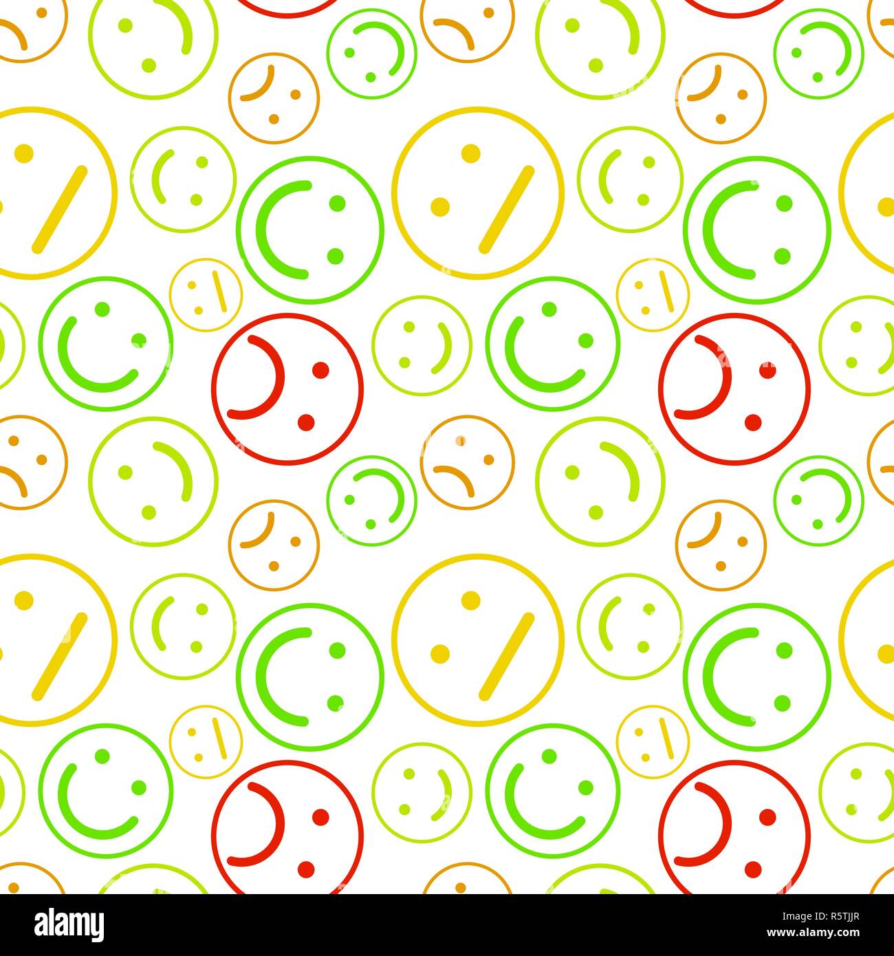 A lot of different colorful outline emoticons, seamless pattern on white Stock Vector