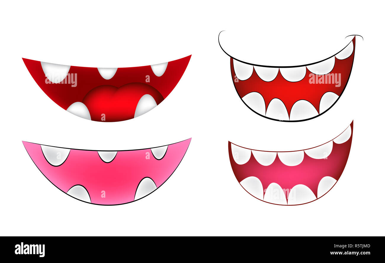 Cartoon smile, mouth, lips with teeth set. vector mesh illustration