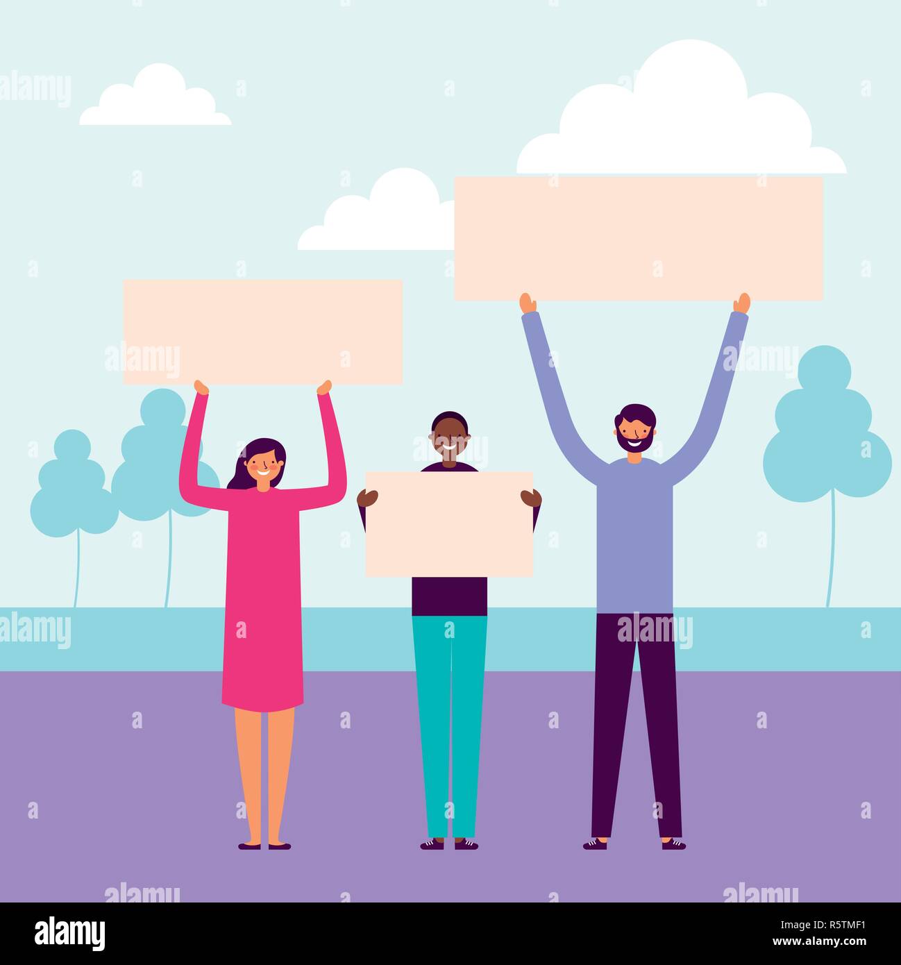 happy people holding banner outdoor vector illustration Stock Vector ...