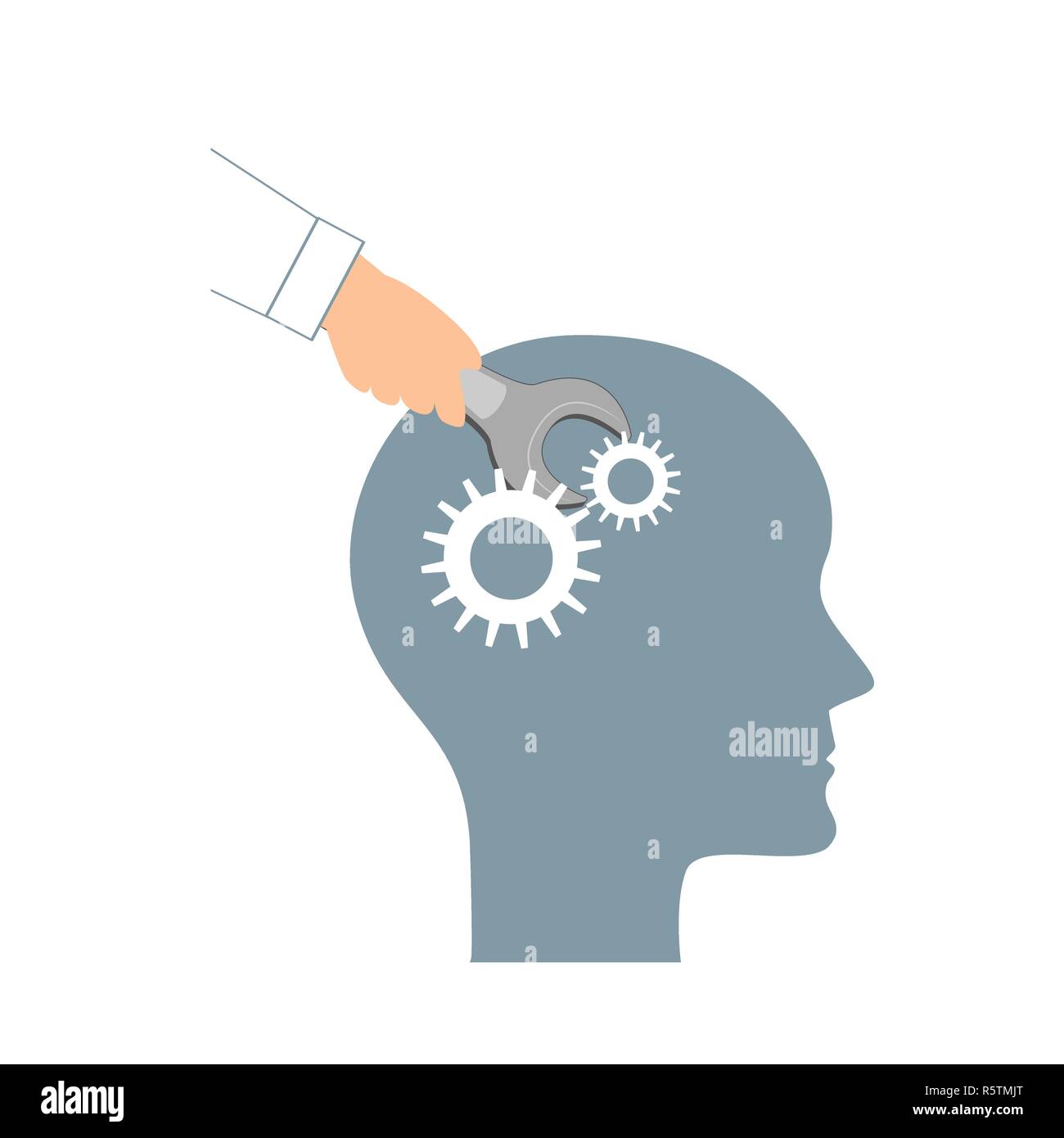 NLP or Neuro-Linguistic Programming concept. Open Human Head and a Hand with a Wrench. Manipulation, Mental health, personal development, and psychotherapy icon Stock Vector