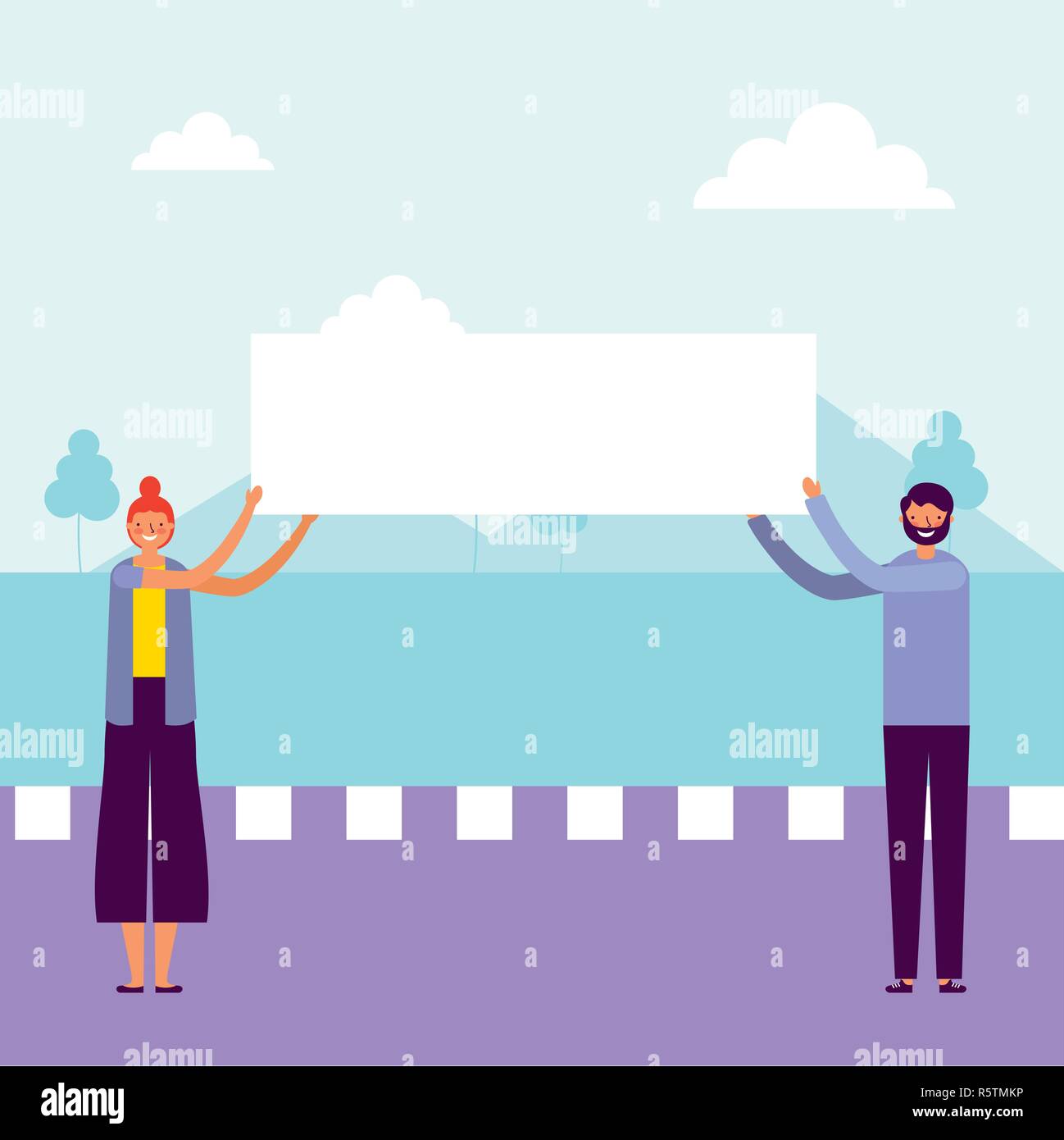 woman and man holding banner outdoor vector illustration Stock Vector ...