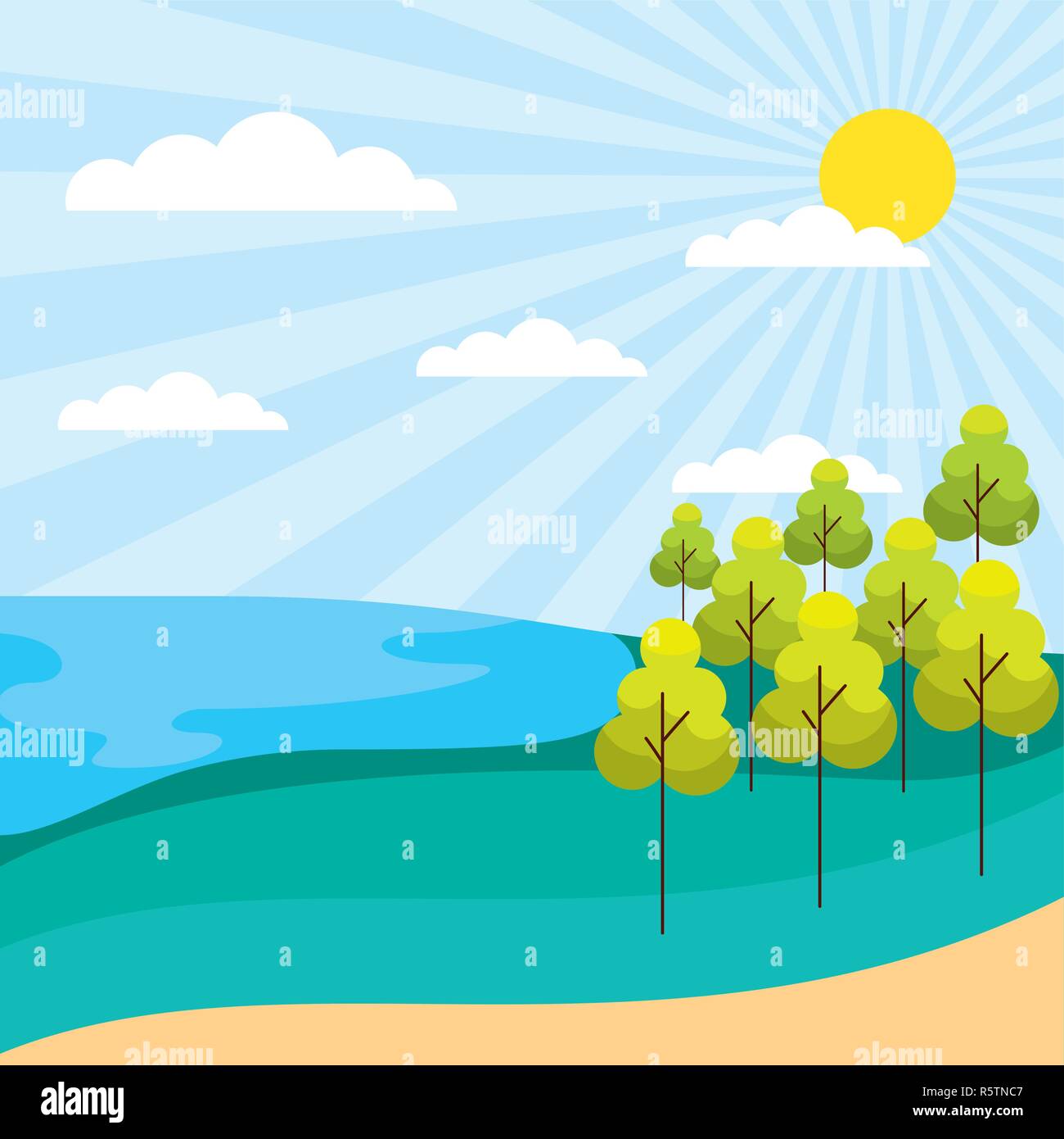 outdoor park sunny day trees lake fresh vector illustration Stock ...