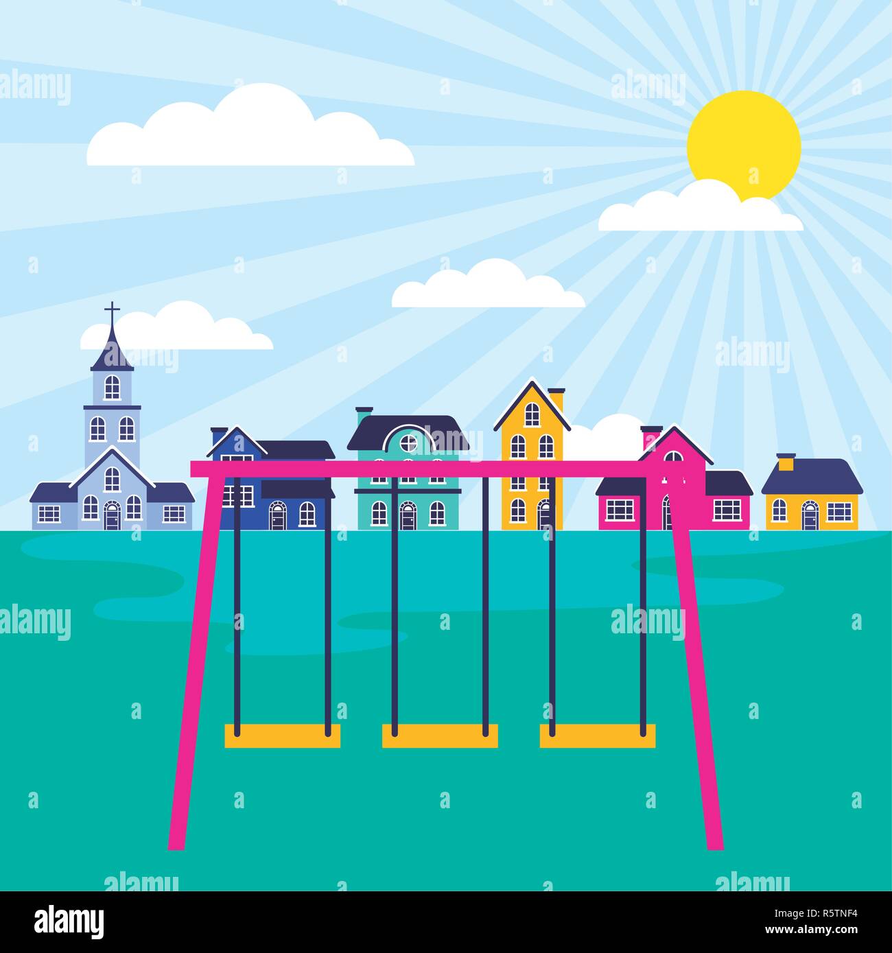 outdoor park sunny day houses swings play vector illustration Stock ...