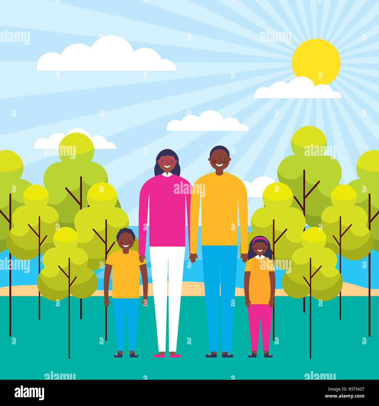 outdoor park sunny day afroamerican family smiling vector illustration ...