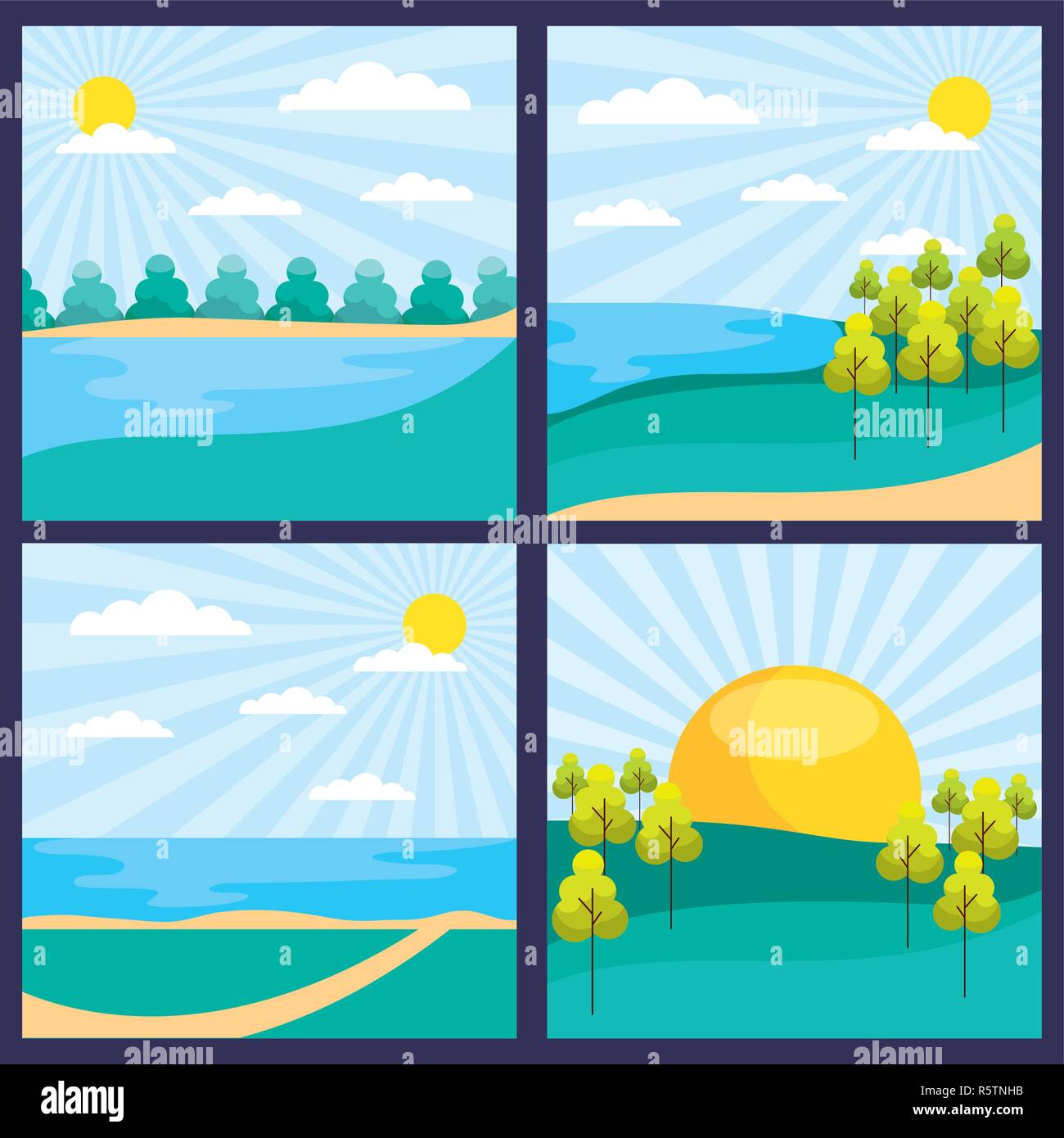 outdoor park sunny day banners trees lake vector illustration Stock Vector