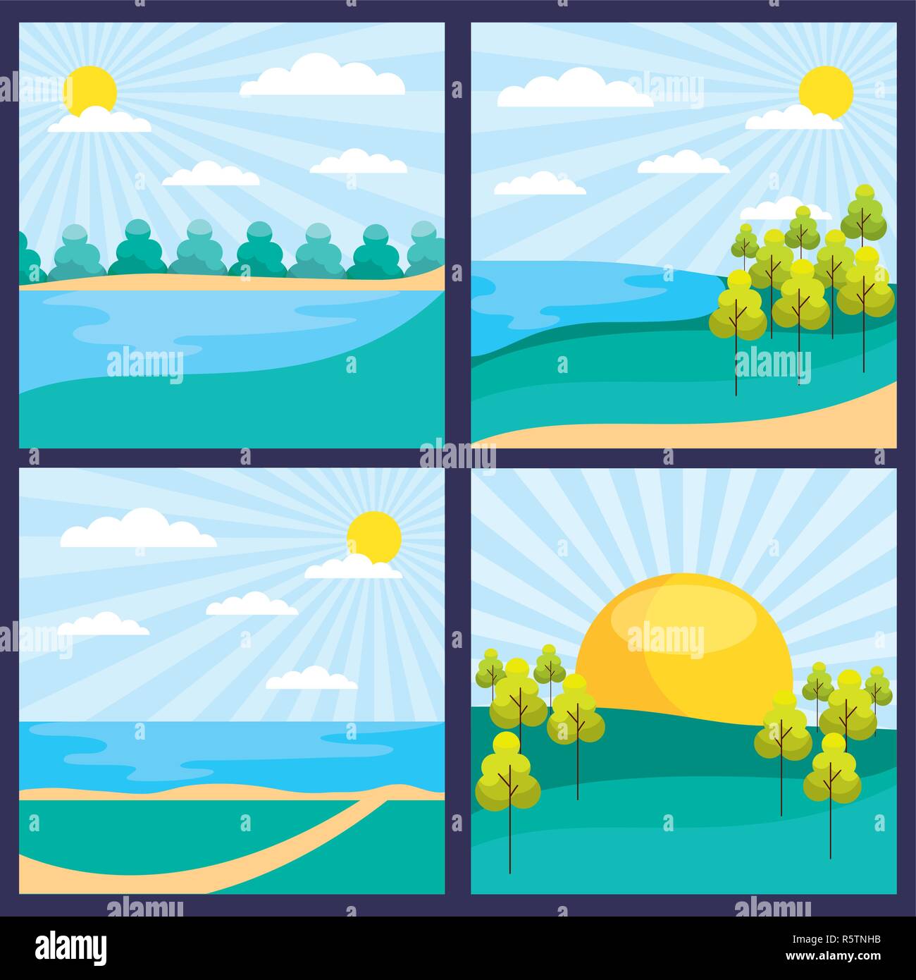outdoor park sunny day banners trees lake vector illustration Stock ...