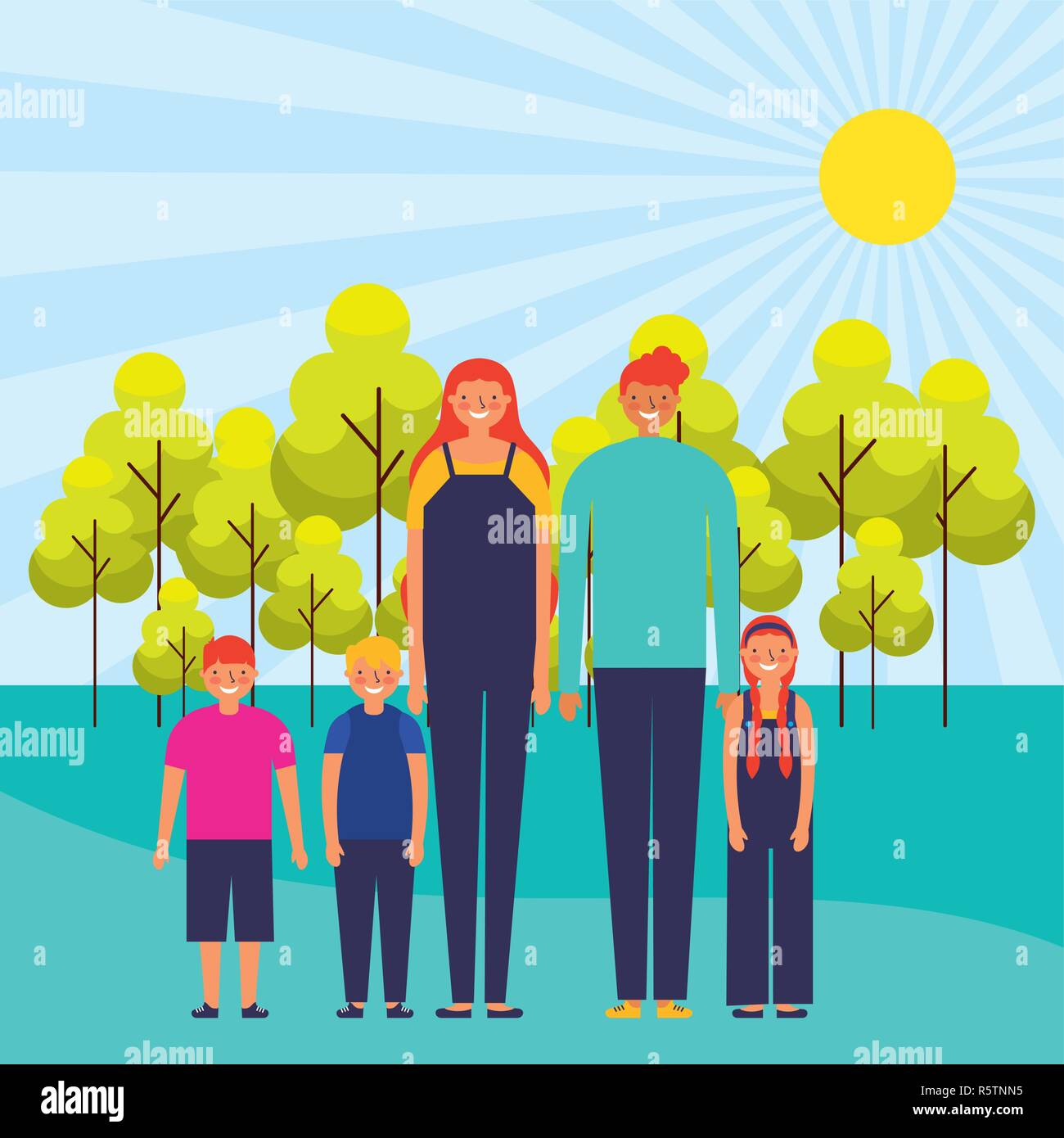 outdoor park sunny day happy family kids smiling vector illustration ...