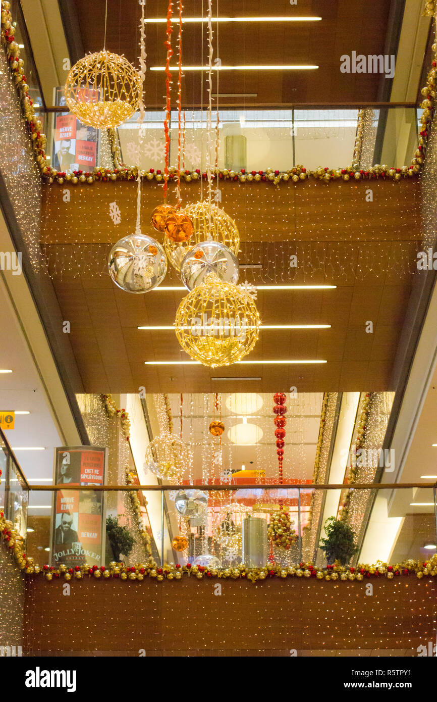 Christmas and new year decoration with balls and Christmas tree in a shopping mall - Antalya, Turkey - 12.01.2018 Stock Photo