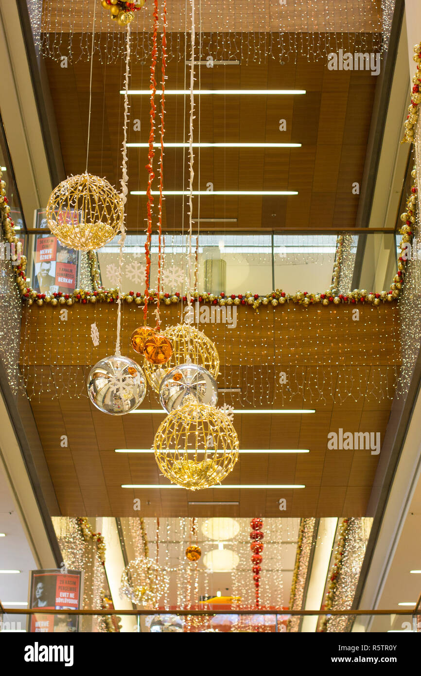 Christmas and new year decoration with balls and Christmas tree in a shopping mall - Antalya, Turkey - 12.01.2018 Stock Photo