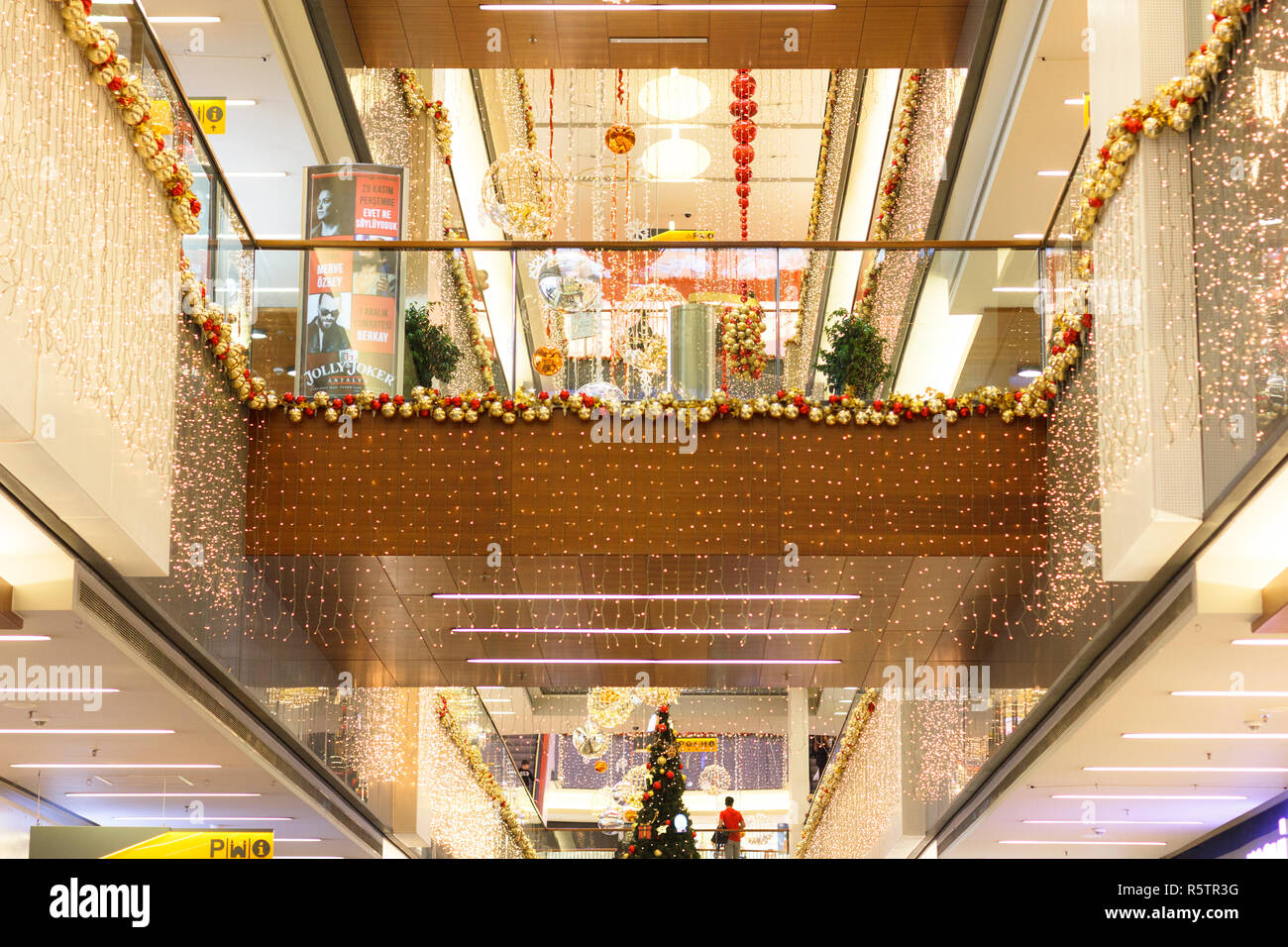 Christmas and new year decoration with balls and Christmas tree in a shopping mall - Antalya, Turkey - 12.01.2018 Stock Photo
