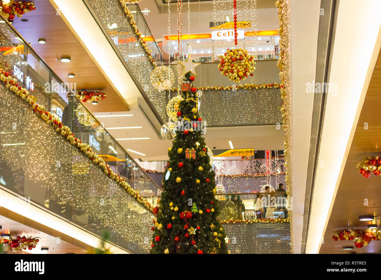 Christmas and new year decoration with balls and Christmas tree in a shopping mall - Antalya, Turkey - 12.01.2018 Stock Photo