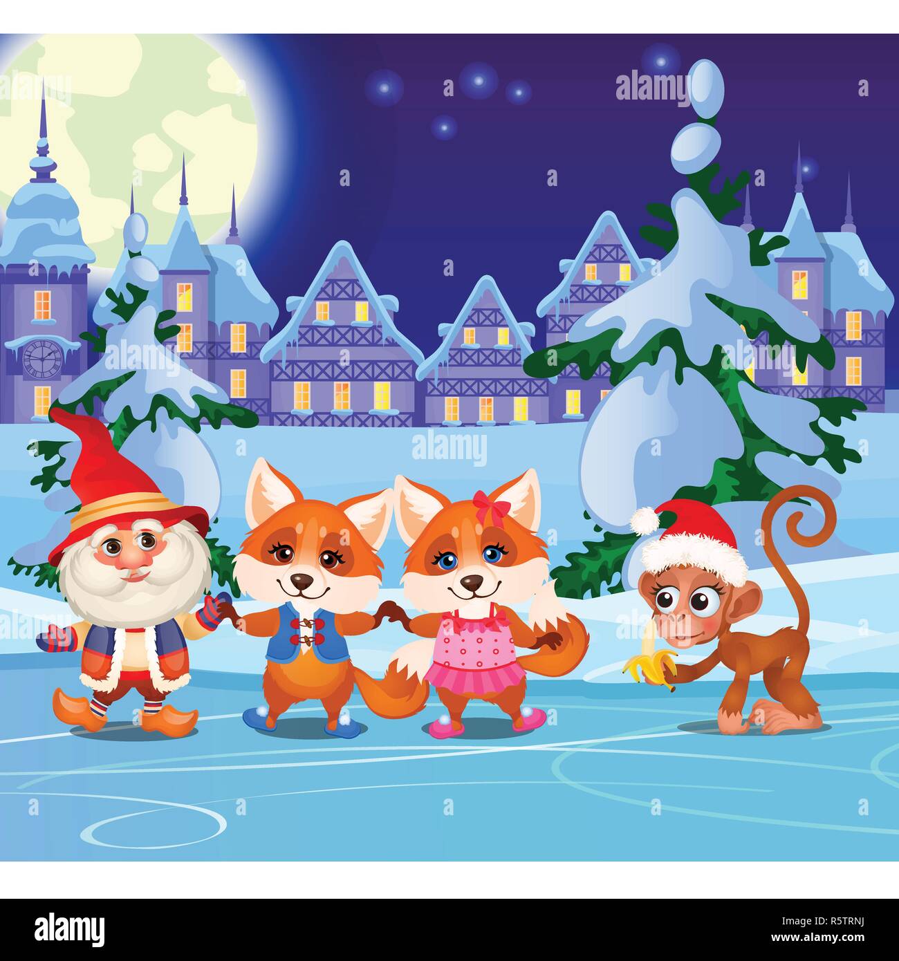 Funny animals and animated gnome on the ice rink tonight. Sports entertainment winter playground in the village. Sample of Christmas poster, party invitation and other cards. Vector cartoon close-up. Stock Vector