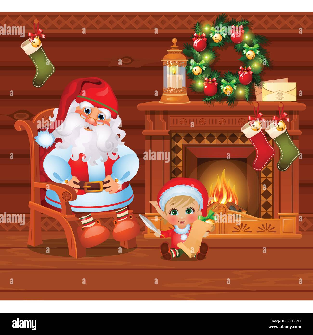 Inside the old cozy wooden village house. Home furnishings. Santa Claus and the boy assistant. Sketch of Christmas festive poster, party invitation, holiday card. Vector cartoon close-up illustration. Stock Vector