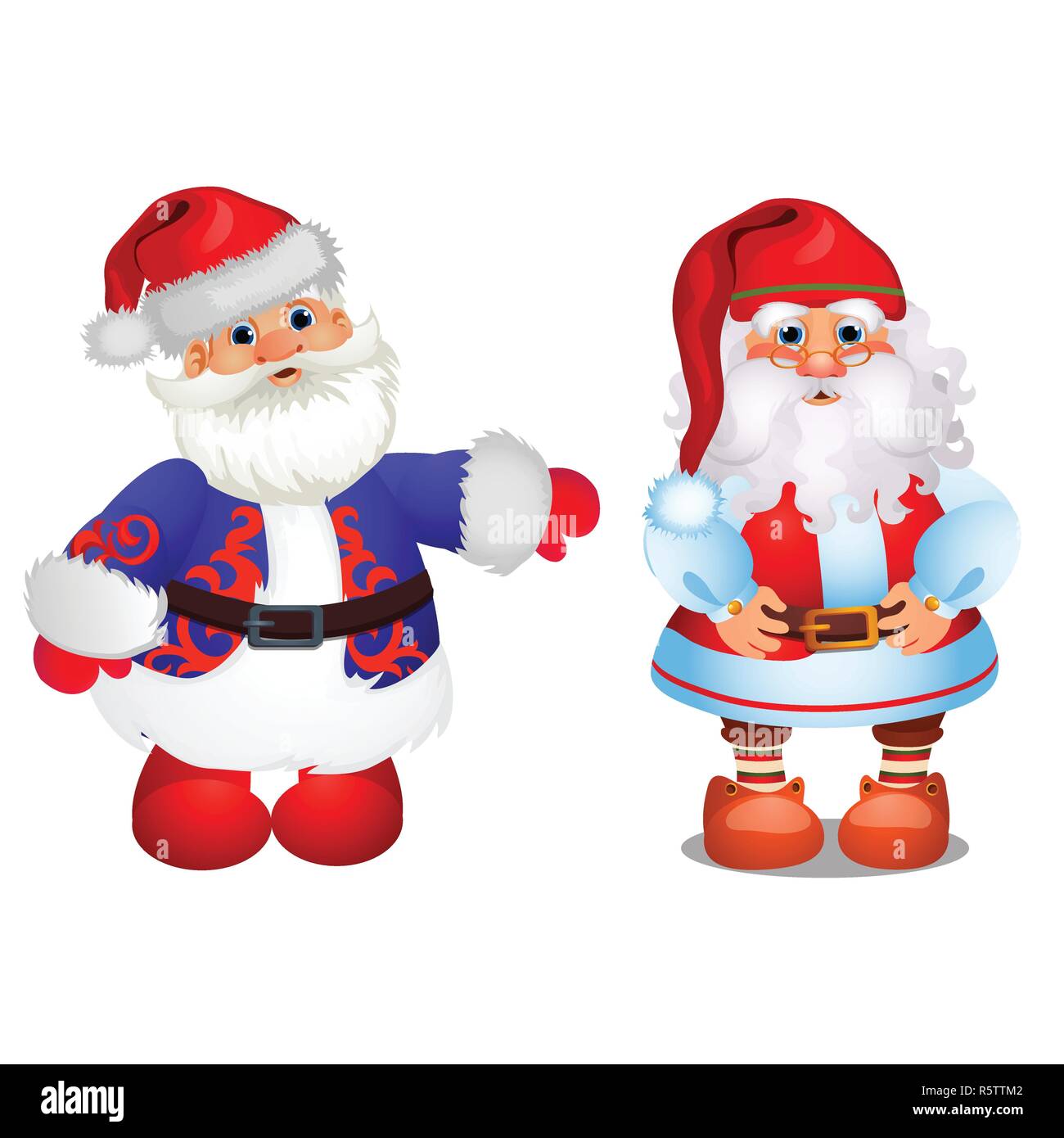 Set of animated Santa Claus in red and blue Christmas costume isolated on white background. Sample of poster, party invitation and other card. Vector cartoon close-up illustration Stock Vector