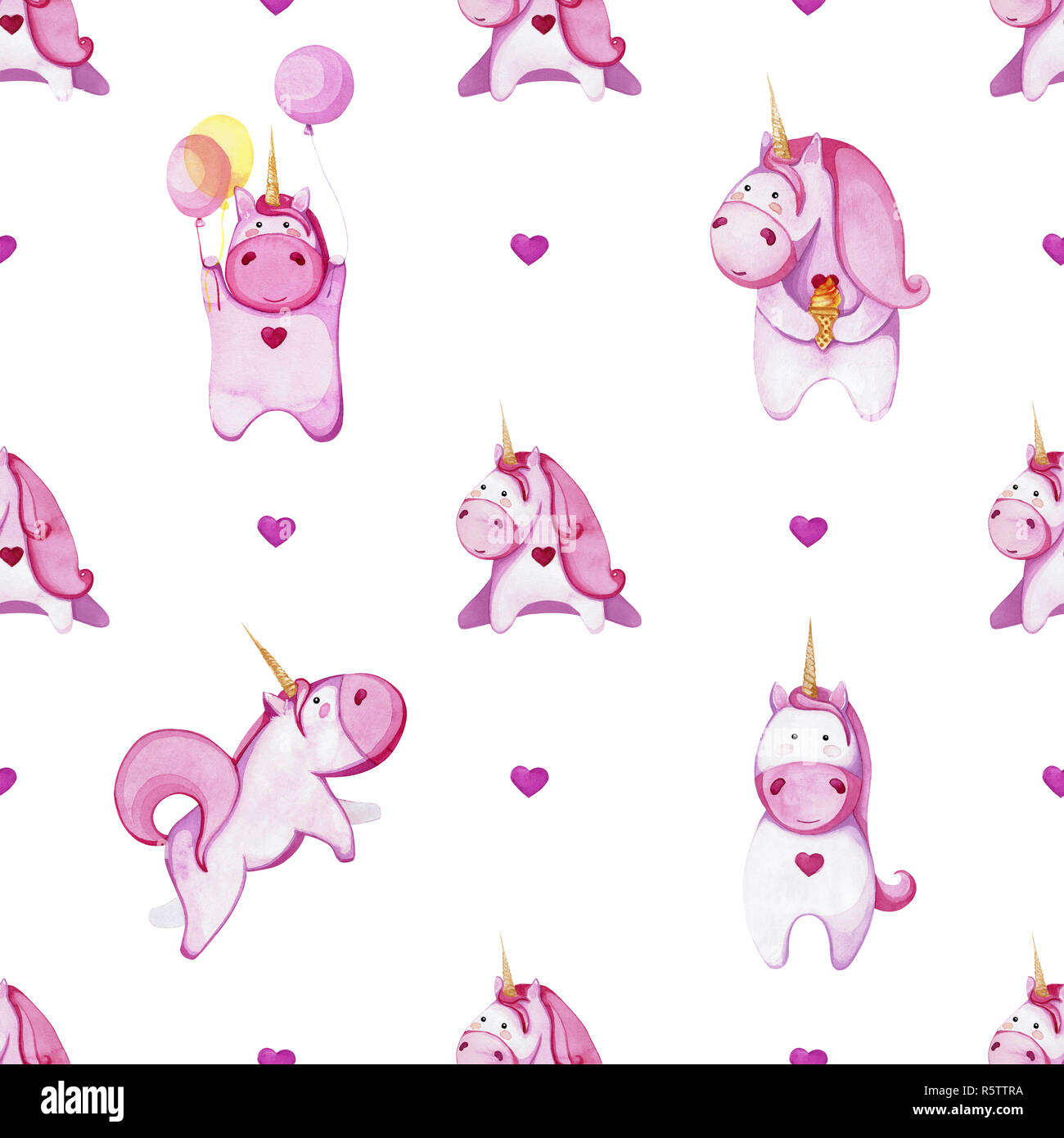 Seamless pattern with pink unicorns. Drawing with watercolor Stock ...