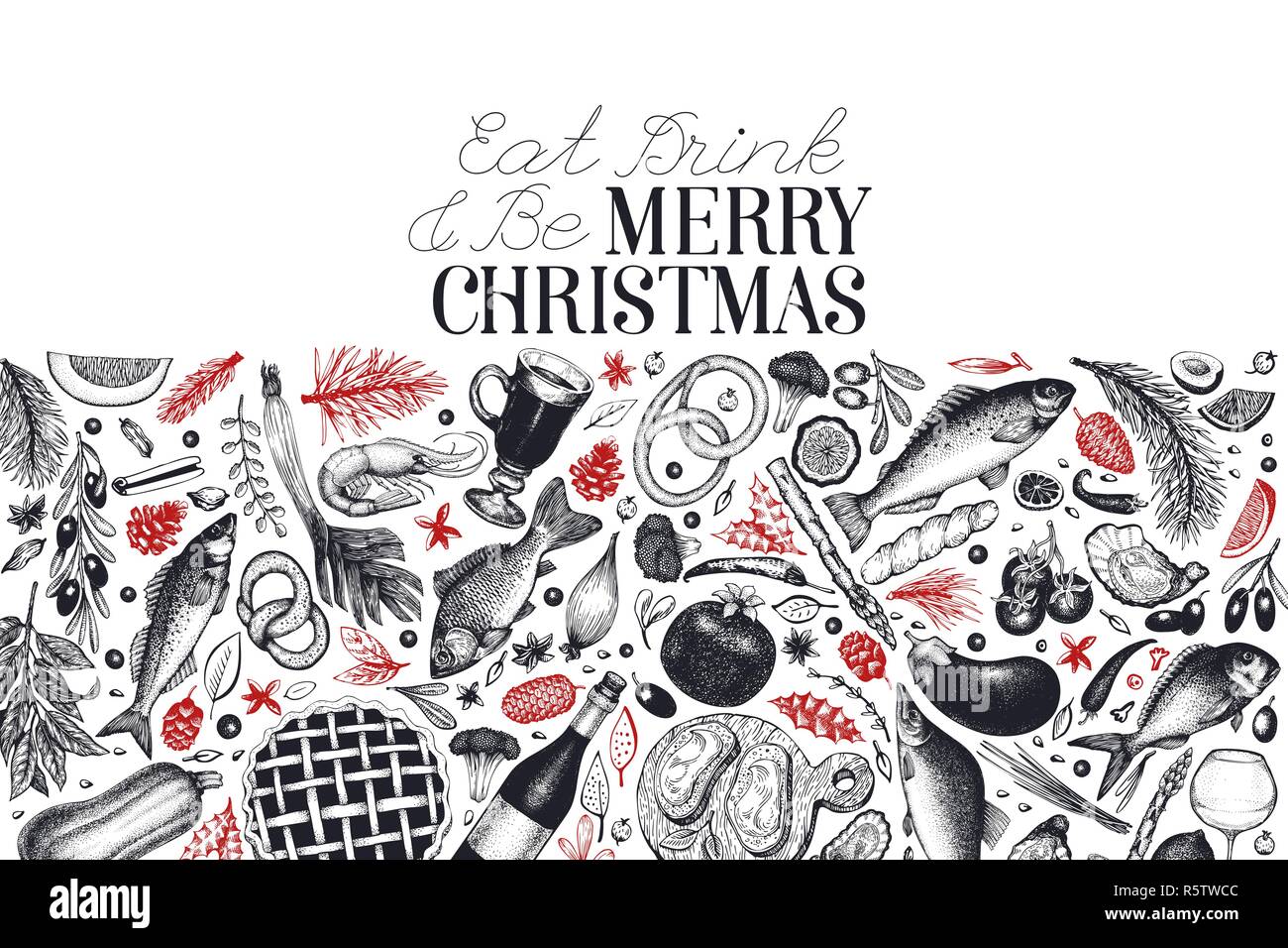 Happy Christmas Dinner design template. Vector hand drawn illustrations