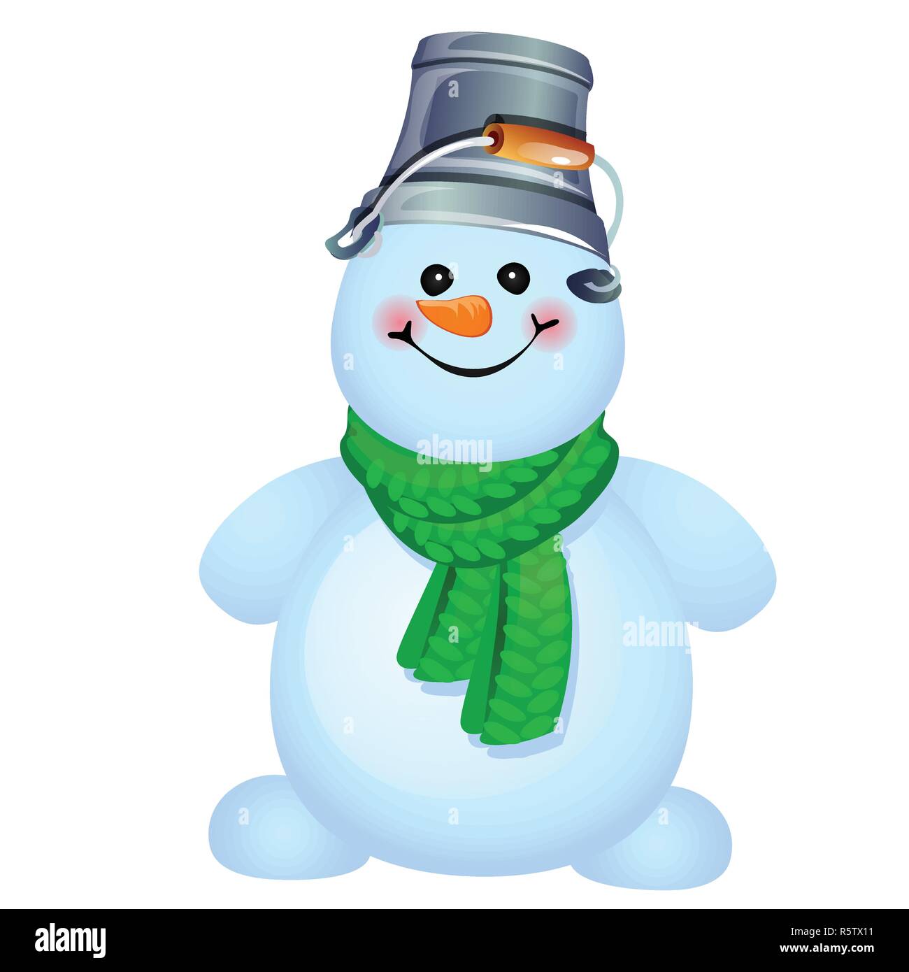 Cheerful snowman with a bucket on his head isolated on a white ...