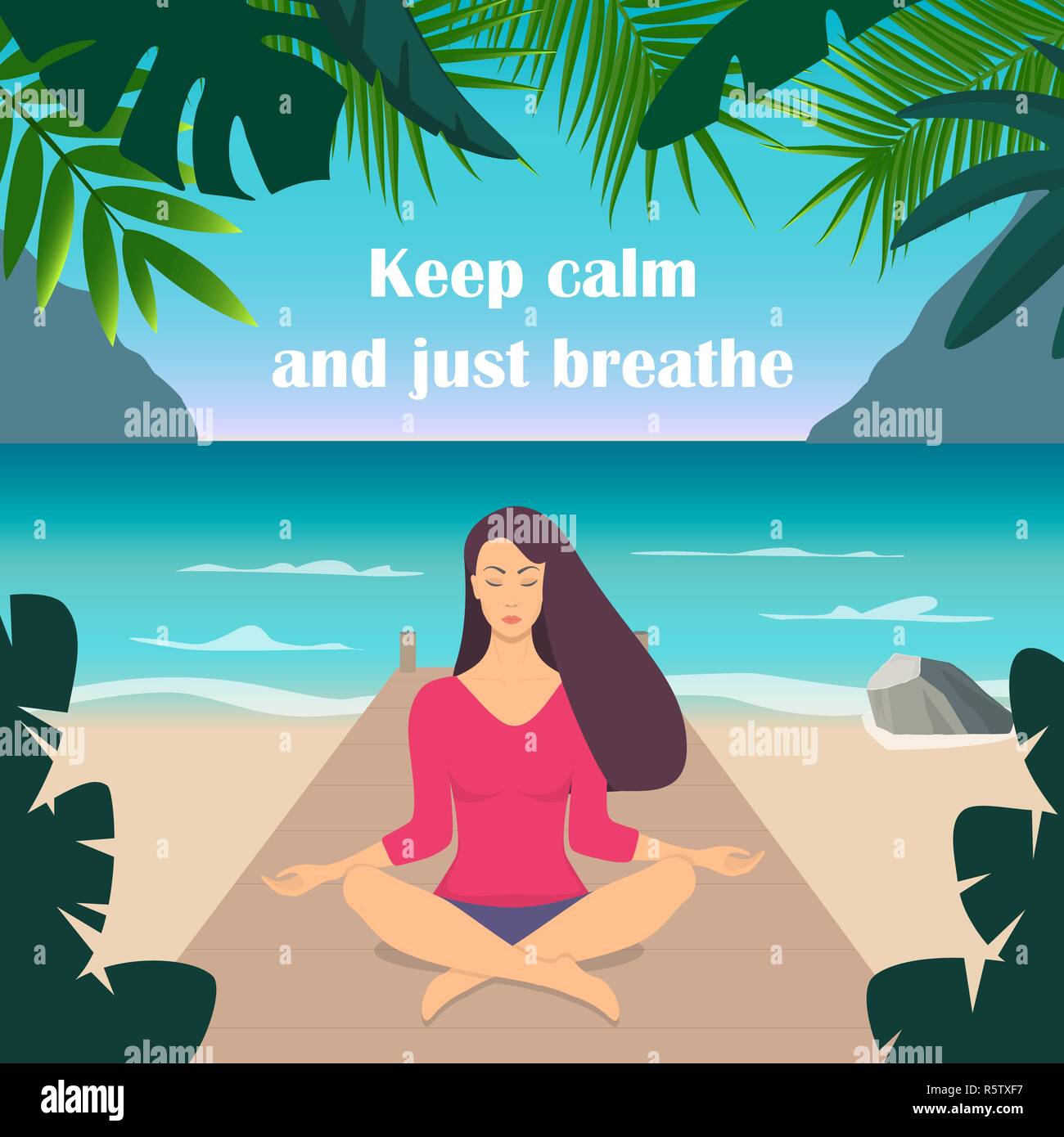 Young woman making meditation in lotus pose with closed eyes. Beautiful girl relaxes, practicing yoga on the seashore, surrounded by mountains and tro Stock Vector