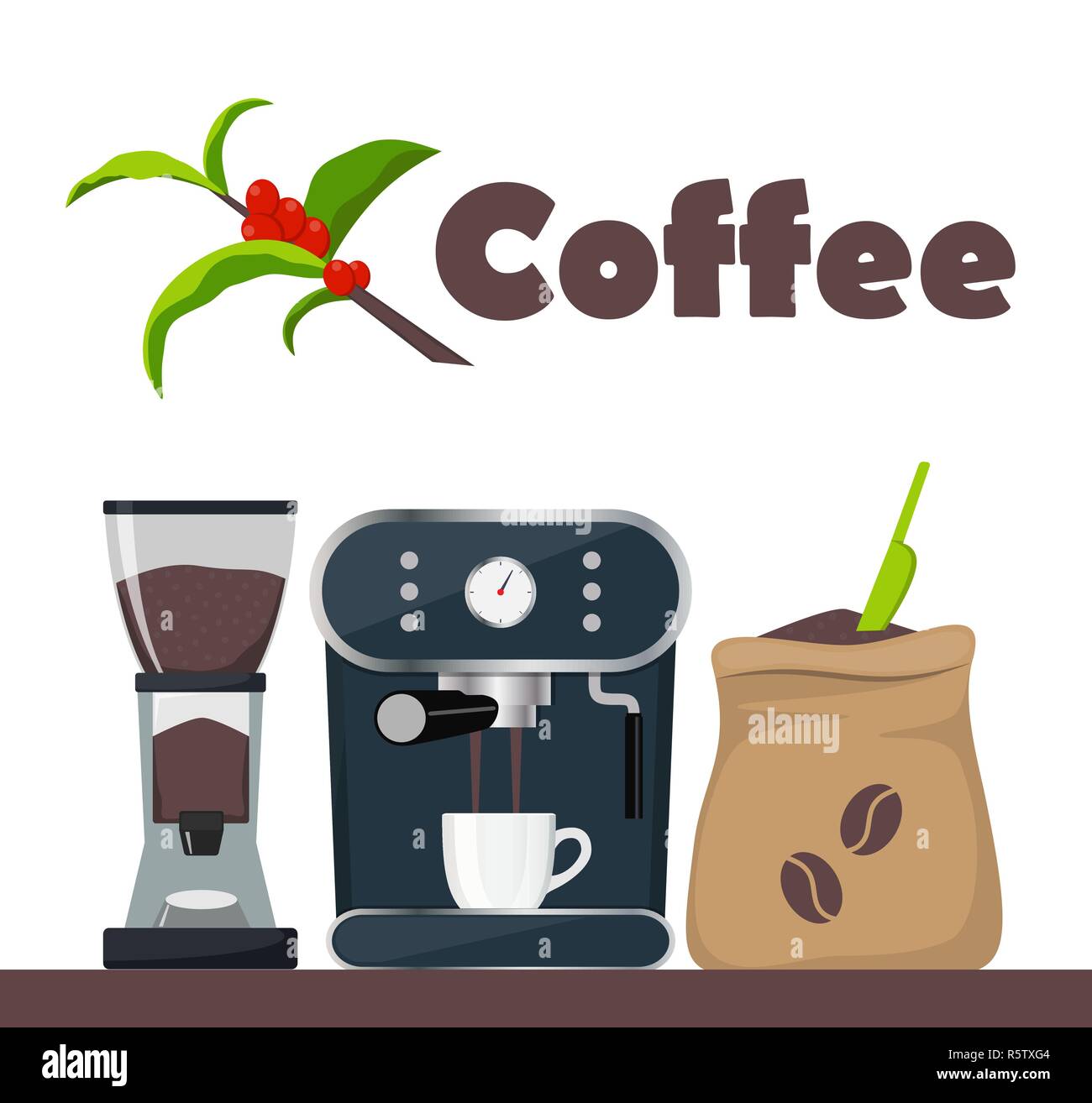 Coffee shop or cafe design illustration with coffee machine, sack with