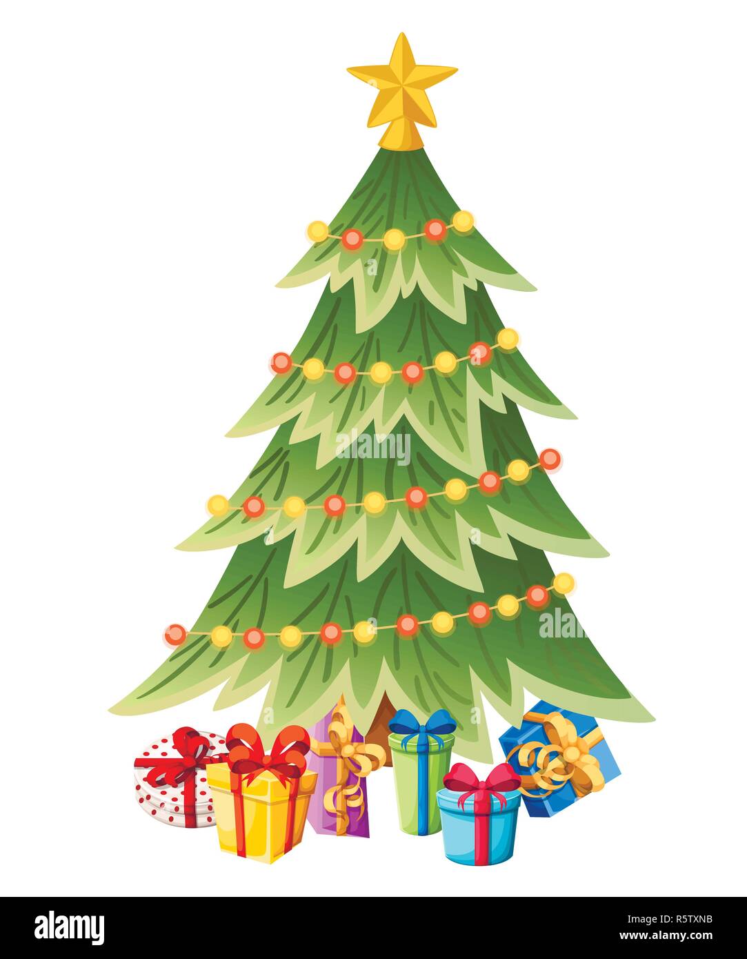 Decorated christmas tree with gift boxes, star, lights, decoration balls. Merry Christmas and happy new year. Green spruce, evergreen tree. Flat vecto Stock Vector